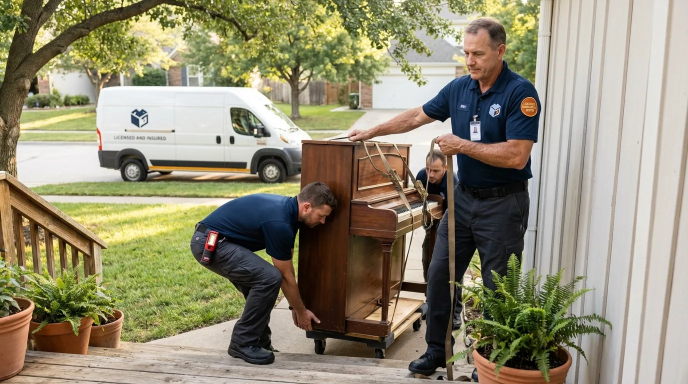 Licensed piano movers securing grand piano in Ruskin, FL