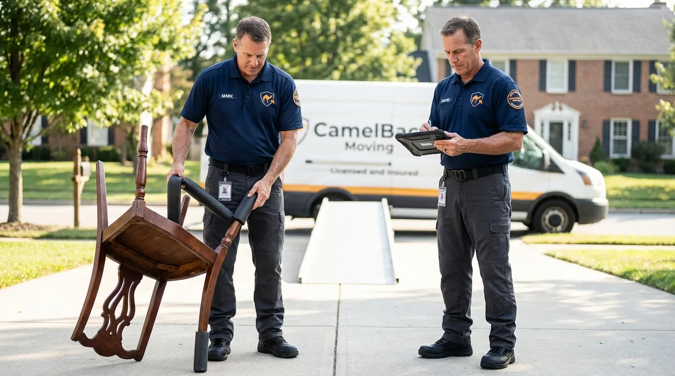 Movers inspecting furniture for damage prevention before loading in Ruskin, FL